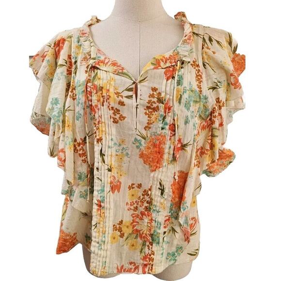 Cleobella Organic Cotton Pleated Top Ruffle‎ Sleeves Soft Florals Flowy Medium 6 - Picture 1 of 5